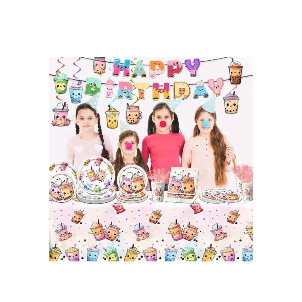 Boba Tea Party Decorations,Bubble Tea Birthday Tableware Set Include Plates Cups